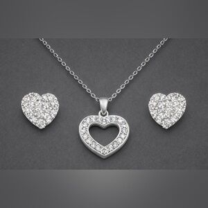 Juicy Couture Silver Heart Stud Pave Earrings and Necklace